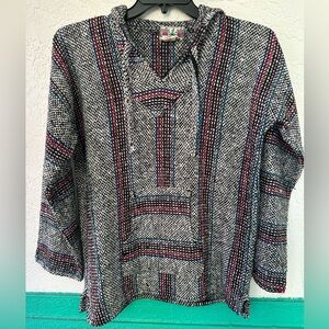 Mora Hoodie Baja Boho Front Pocket Long Sleeve Striped Black White Large